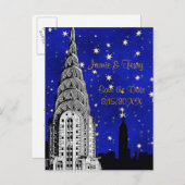 NYC Skyline Silhouette Blue Starry Save the Date Announcement Postcard (Front/Back)