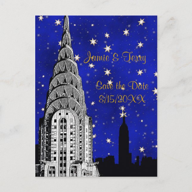 NYC Skyline Silhouette Blue Starry Save the Date Announcement Postcard (Front)