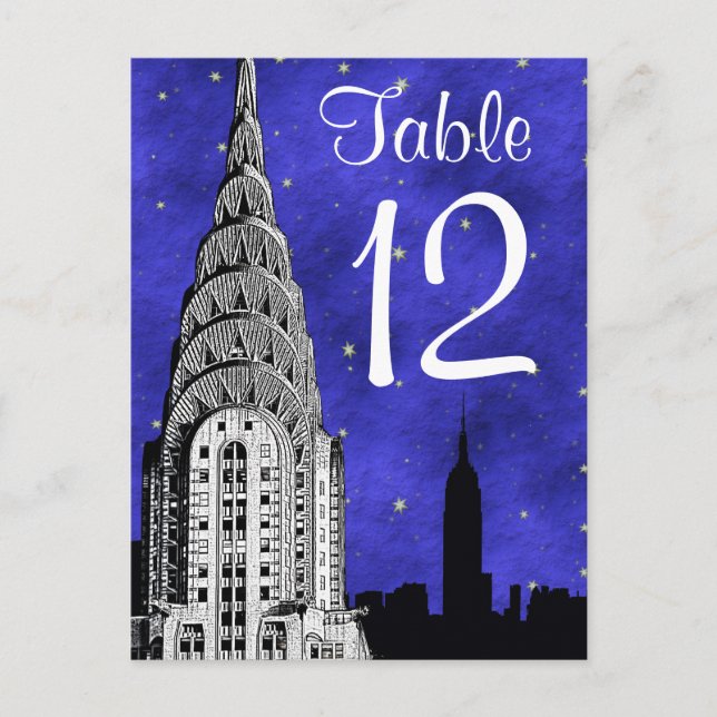 NYC Skyline Silhouette Blue Starry Table Number (Front)