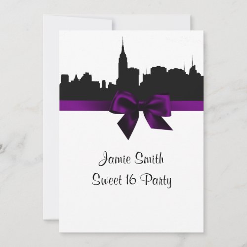 NYC Skyline Silhouette BW Purple Sweet 16 Invitation