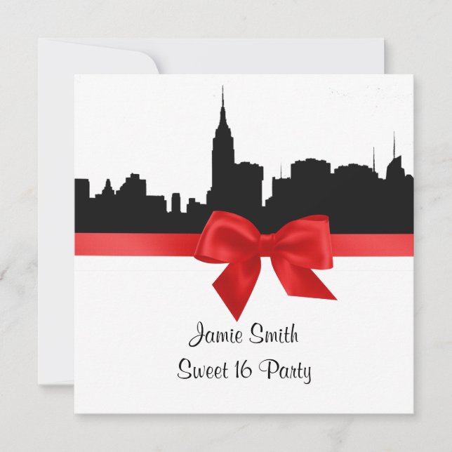 NYC Skyline Silhouette BW Red Sweet 16 SQ Invitation (Front)
