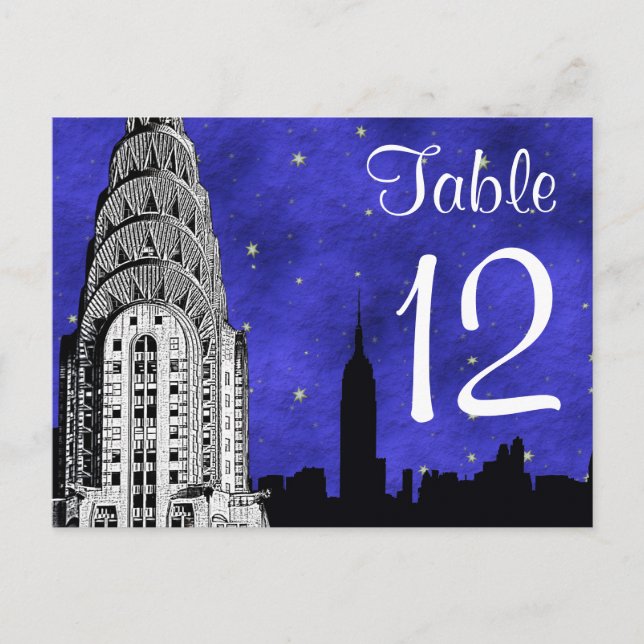 NYC Skyline Silhouette Chry Blu Strry Table Number (Front)