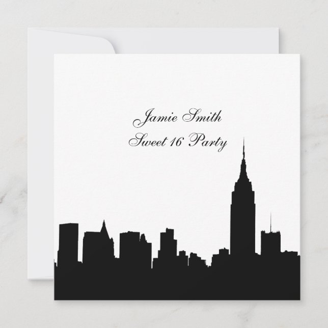 NYC Skyline Silhouette, ESB #1 BW Sweet 16 SQ Invitation (Front)