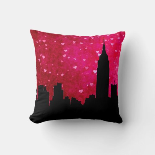 NYC Skyline Silhouette ESB 1 Pink Red Heart Throw Pillow