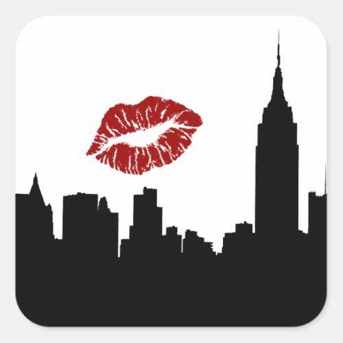 NYC Skyline Silhouette ESB 1 Red Lipstick Kiss Square Sticker