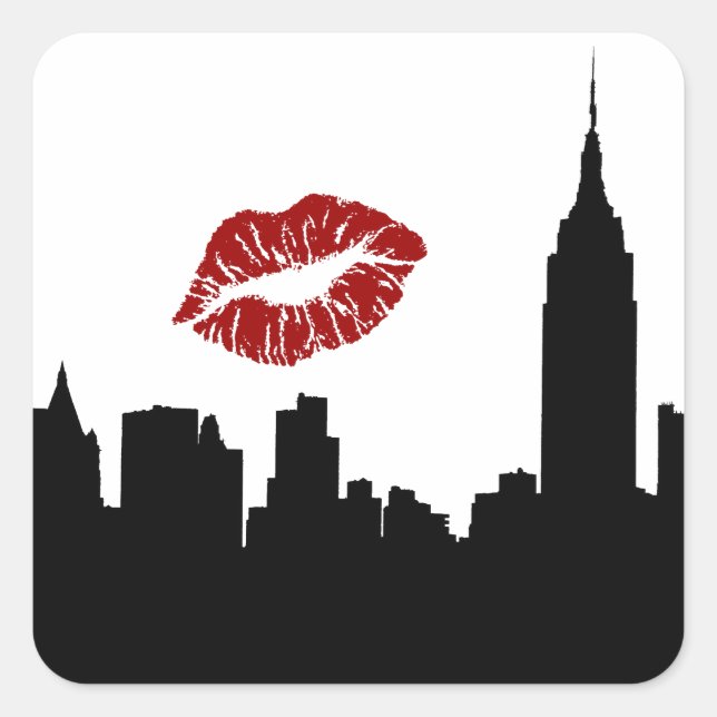 NYC Skyline Silhouette, ESB #1 Red Lipstick Kiss Square Sticker (Front)