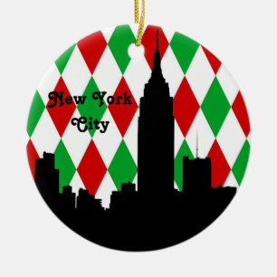 NYC Skyline Silhouette ESB Red Grn Harlequin Xmas Ceramic Ornament