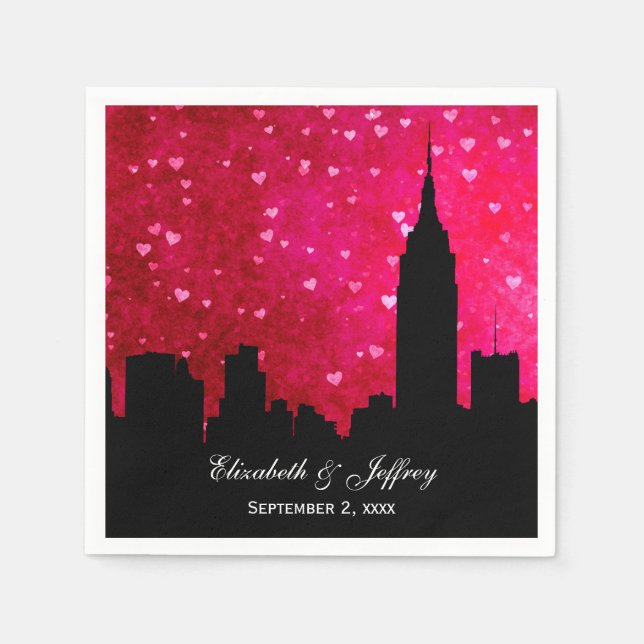 NYC Skyline Silhouette Hot Pink Red Heart Napkins (Front)