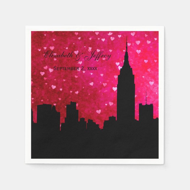 NYC Skyline Silhouette Hot Pink Red Heart Napkins (Front)
