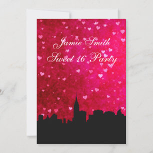 NYC Skyline Silhouette Hot Pink Red Hrt Sweet 16 V Invitation