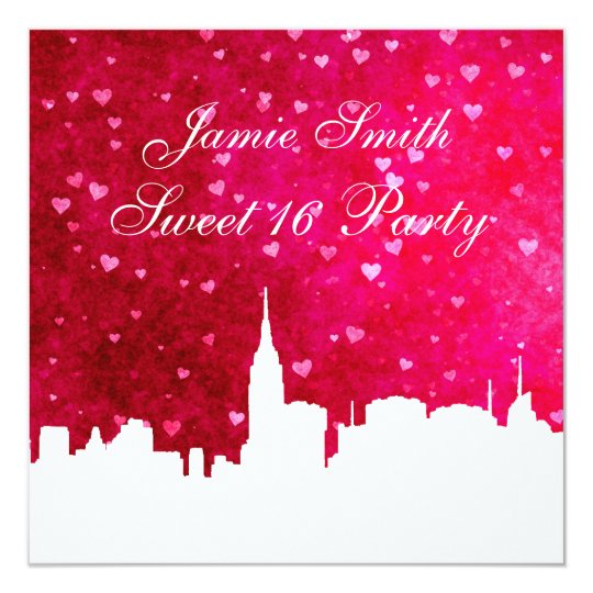 NYC Skyline Silhouette Ht Pink Red Heart Sweet 16 Card