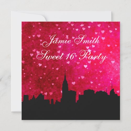 NYC Skyline Silhouette Ht Pink Red Heart Sweet 16 Invitation