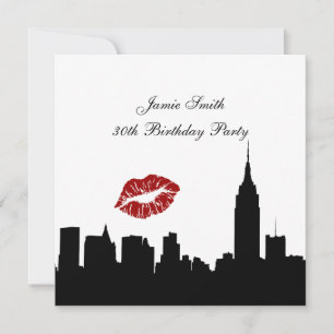 NYC Skyline Silhouette, Kiss ESB #1 BW Birthday SQ Invitation