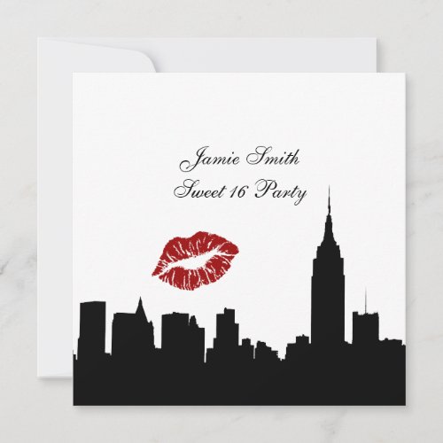 NYC Skyline Silhouette Kiss ESB 1 BW Sweet 16 SQ Invitation
