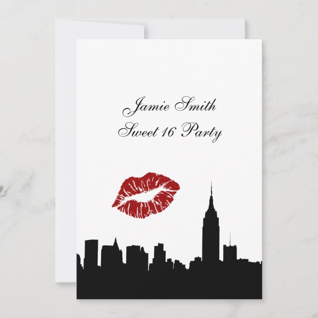 NYC Skyline Silhouette, Kiss ESB #1 BW Sweet 16 V Invitation (Front)