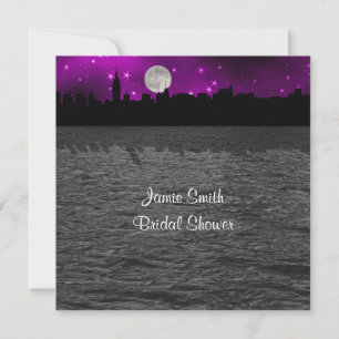 NYC Skyline Silhouette Moon Purpl Bridal Shower SQ Invitation