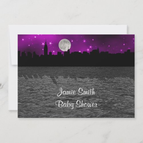 NYC Skyline Silhouette Moon Purple Baby Shower Announcements