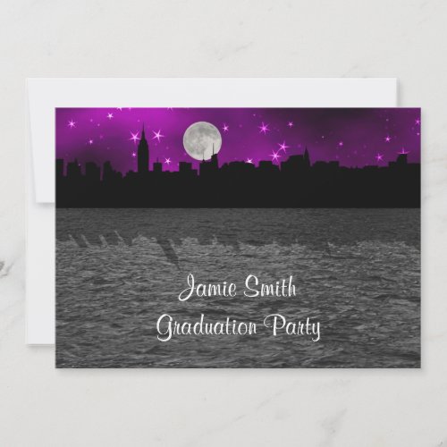 NYC Skyline Silhouette Moon Purple Graduation Invitation
