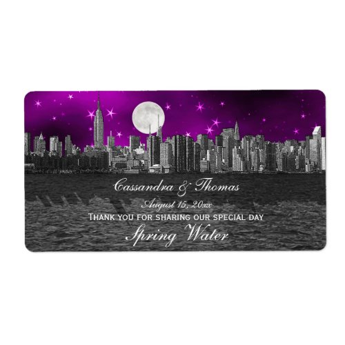 NYC Skyline Silhouette Moon Purple H Water Bottle Label