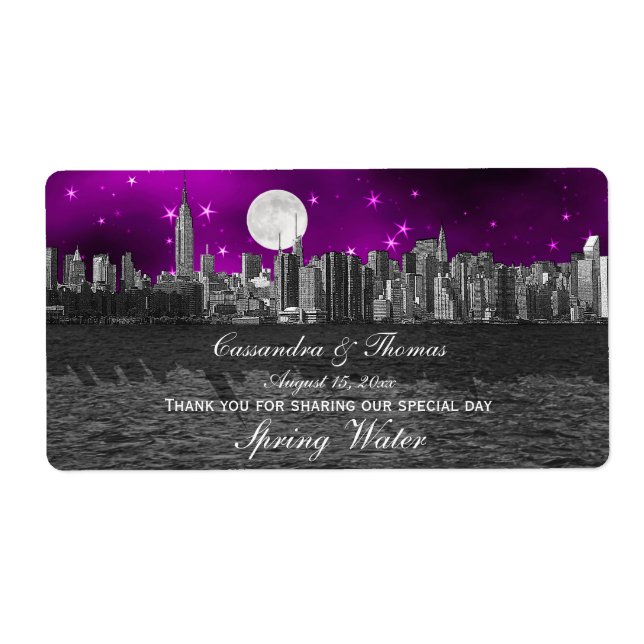 NYC Skyline Silhouette Moon Purple H Water Bottle Label (Front)