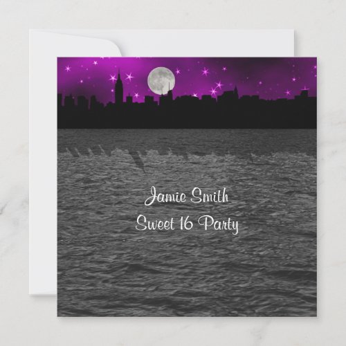 NYC Skyline Silhouette Moon Purple Sweet 16 SQ Invitation