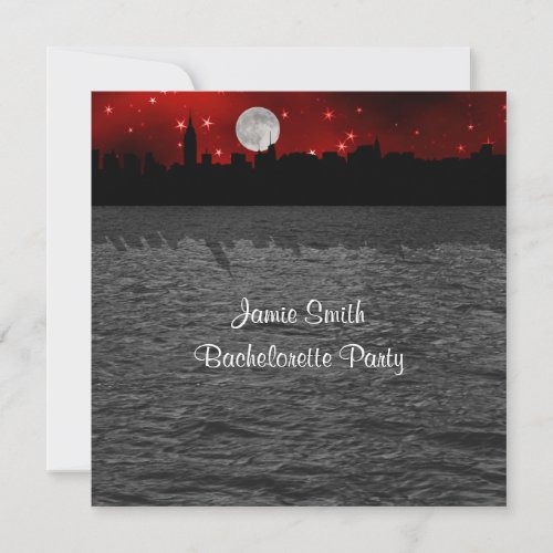 NYC Skyline Silhouette Moon Red Bachelorette SQ Invitation