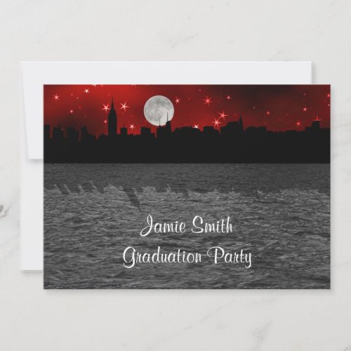 NYC Skyline Silhouette Moon Red Graduation Invitation