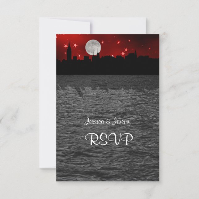 NYC Skyline Silhouette Moon Red RSVP 1 Card (Front)