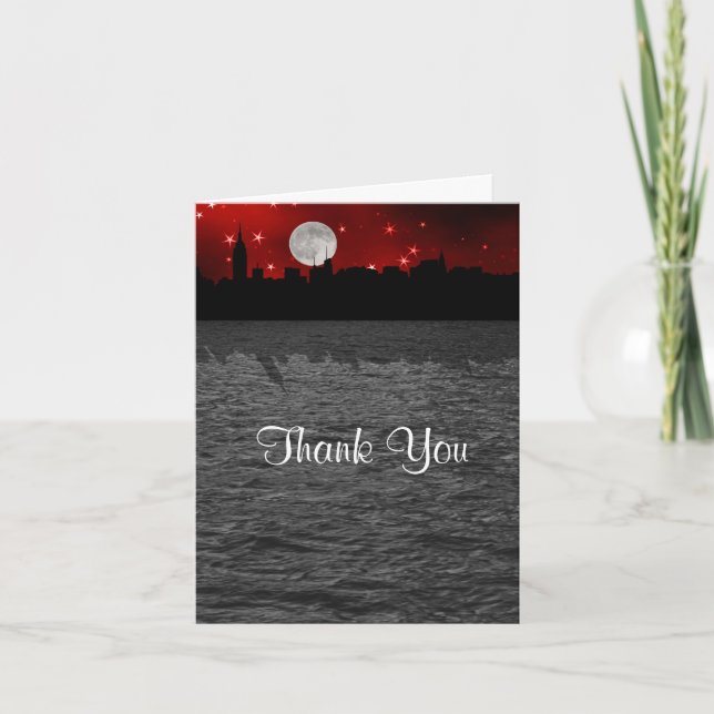 NYC Skyline Silhouette Moon Red Thank You Card (Front)