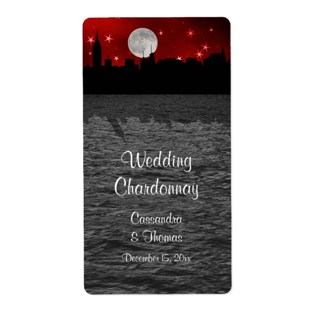NYC Skyline Silhouette Moon Red Wine Label (Front)