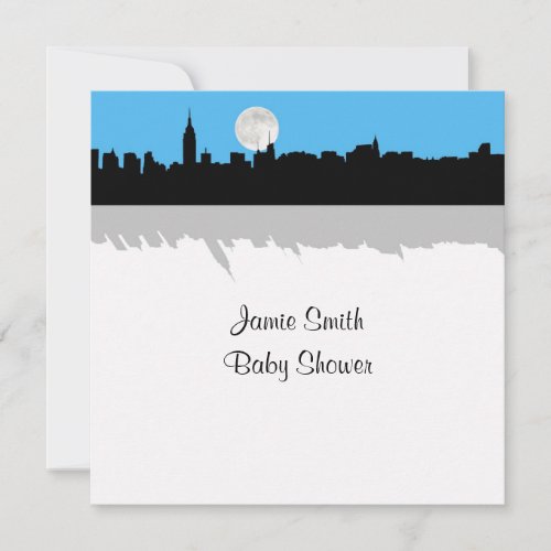 NYC Skyline Silhouette Moon Sky Blu Baby Shower SQ Invitation