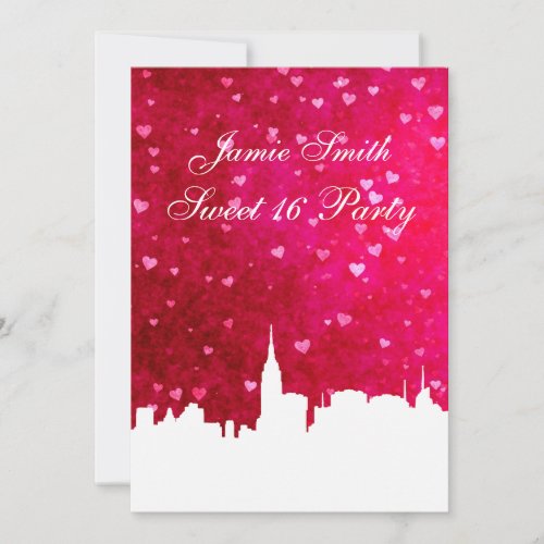 NYC Skyline Silhouette Pink Red Heart Sweet 16 V Invitation
