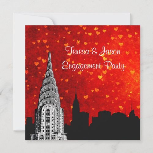 NYC Skyline Silhouette Red Heart Sky Engagement Invitation