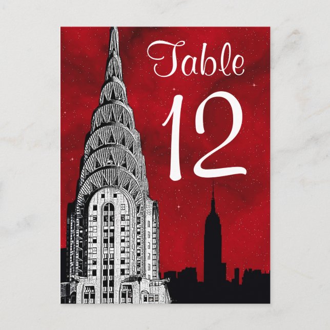 NYC Skyline Silhouette Red Starry Table Number (Front)