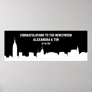NYC Skyline Silhouette Wedding Party Banner Wht Poster