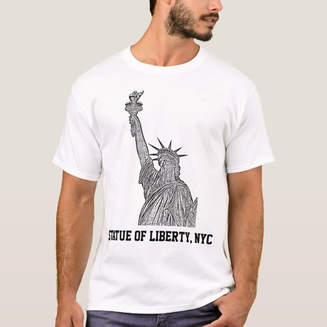 NYC Skyline: Statue of Liberty Etched Look BW T-Shirt (Front)