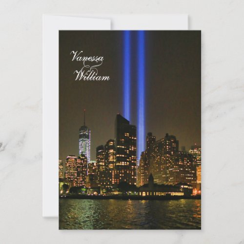 NYC Skyline WTC 911 Tribute In Light 1 Wedding Invitation