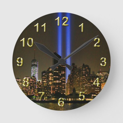 NYC Skyline WTC  911 Tribute In Light 2013 1 Round Clock