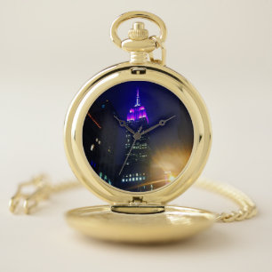 NYC Skyscraper Purple Empire State Building Night Pocket Watch