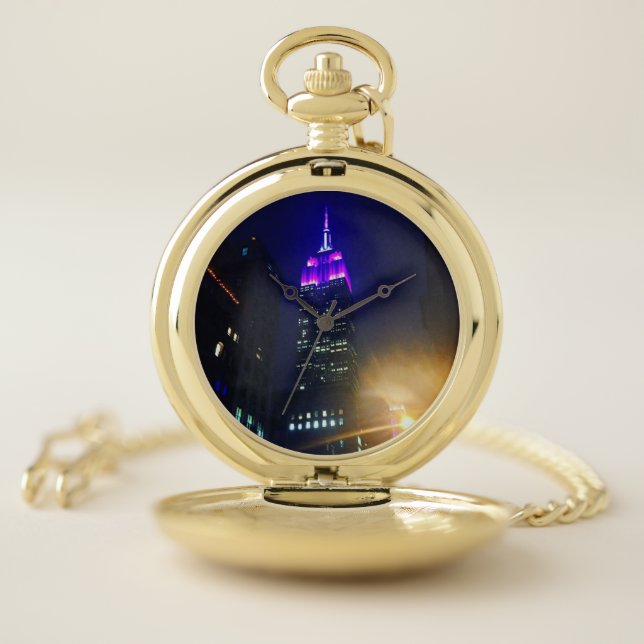 NYC Skyscraper Purple Empire State Building Night Pocket Watch (Inside)