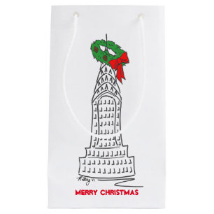 NYC Skyscraper Wreath Merry Christmas New York Small Gift Bag