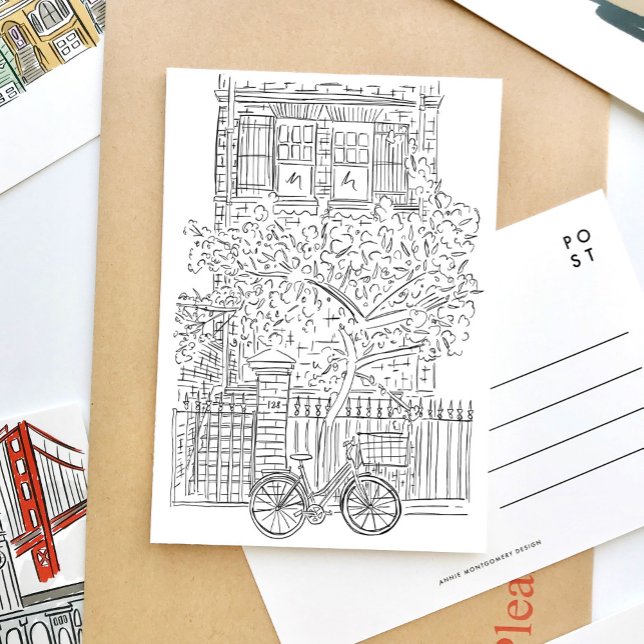 NYC Stoop Black and White Sketch Postcard (Black and white sketch New York stoop travel postcard.)