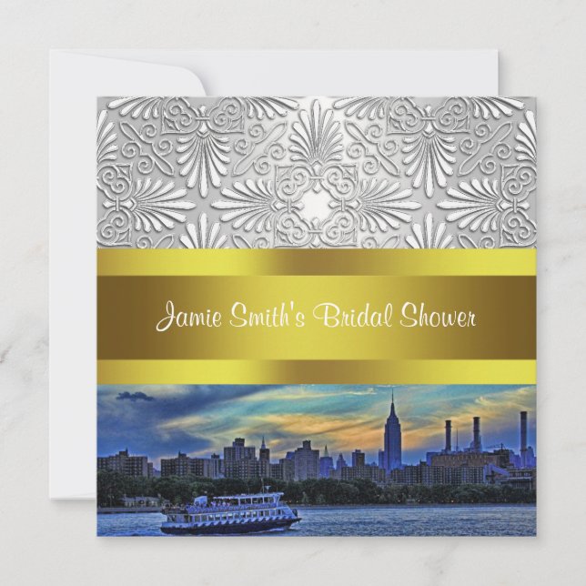 NYC Sunset Skyline ESB White Damask Bridal Shower Invitation (Front)