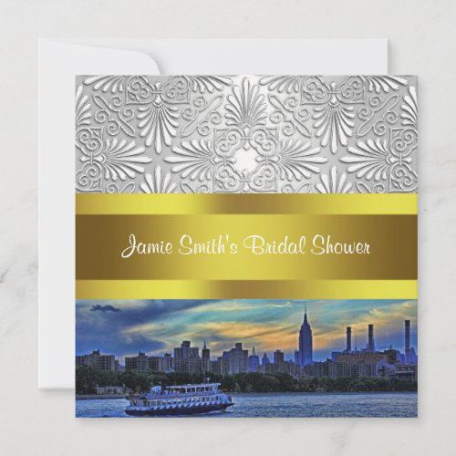 NYC Sunset Skyline ESB White Damask Bridal Shower Announcements