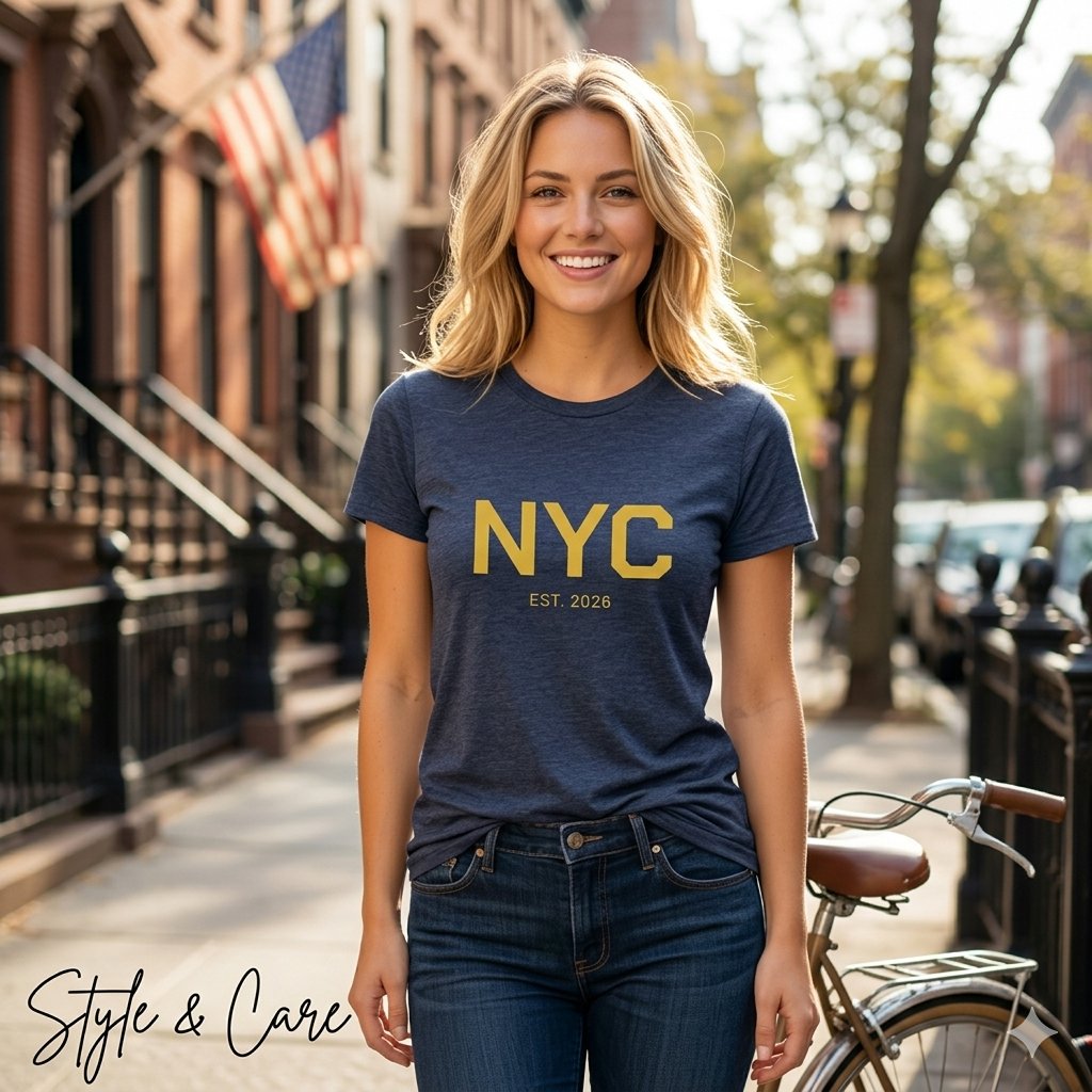 NYC Text Mark Women's Modern Navy Graphic Tri-Blend Shirt