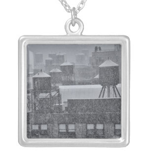 NYC Water Towers During Freak October Snow Storm Silver Plated Necklace