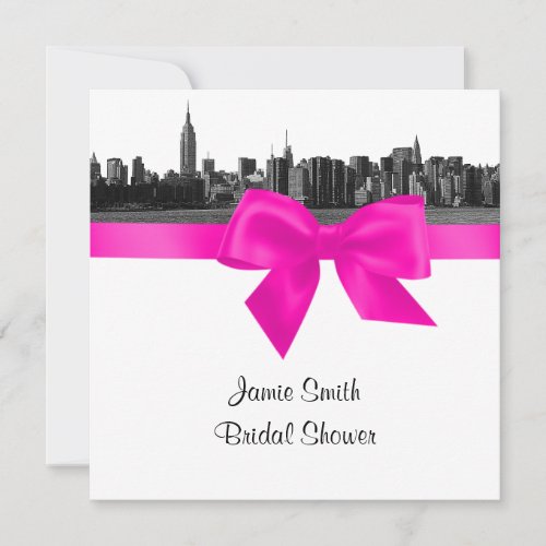 NYC Wide Skyline Etch BW Hot Pink Bridal Shower SQ Invitation