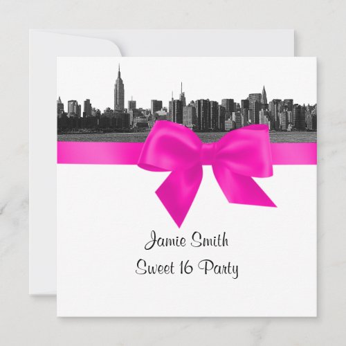 NYC Wide Skyline Etch BW Hot Pink Sweet Sixteen SQ Invitations
