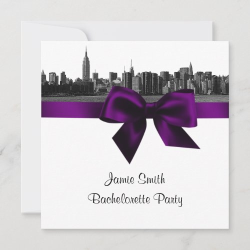 NYC Wide Skyline Etch BW Purple Bachelorette SQ Personalized Invite