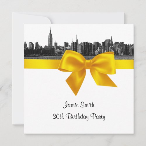 NYC Wide Skyline Etch BW Yellow Birthday Pty SQ Personalized Announcement